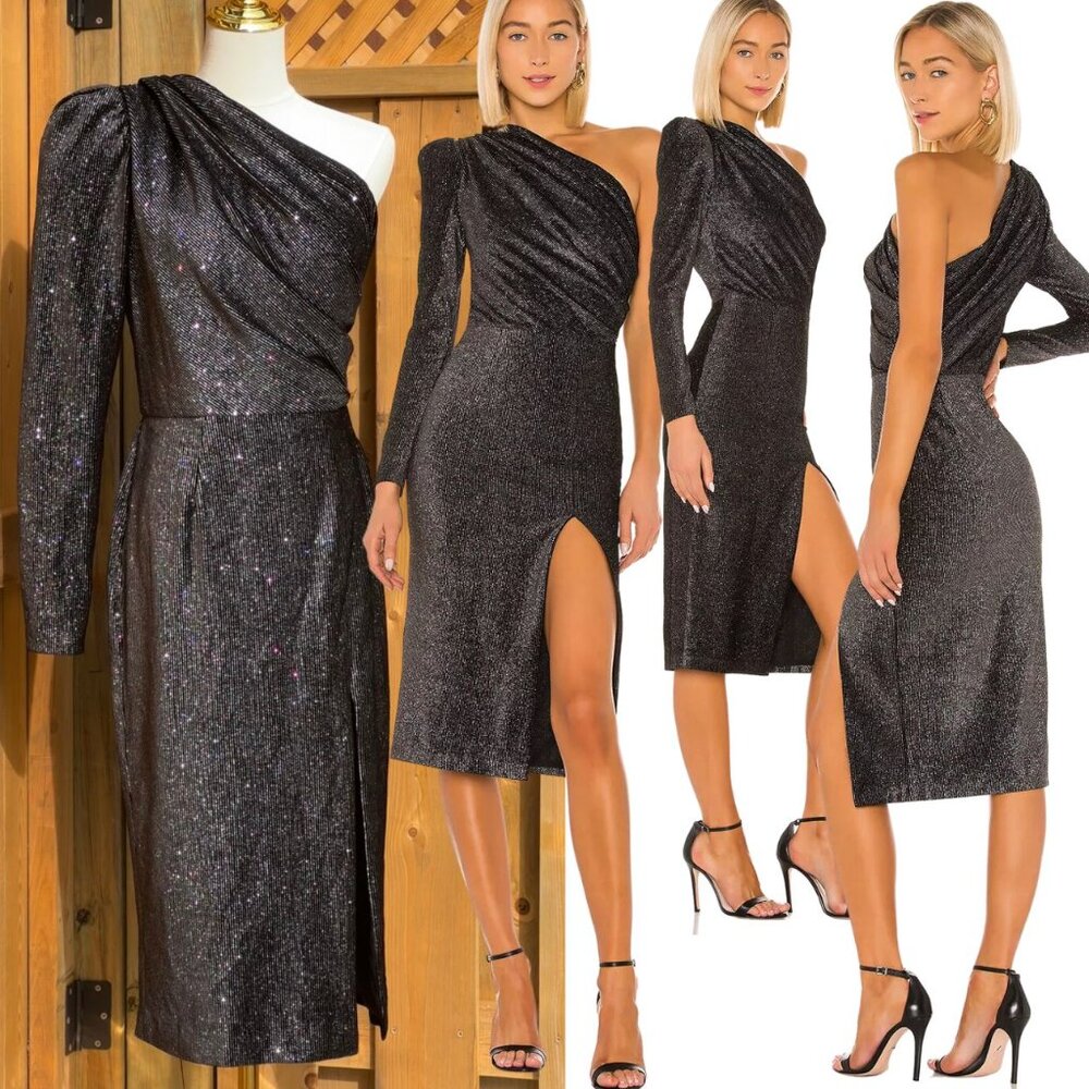 🆕 BRONX & BANCO 🧿NWT Belle One Shoulder Dress, Black Glitter Velvet, Sz M US 6
